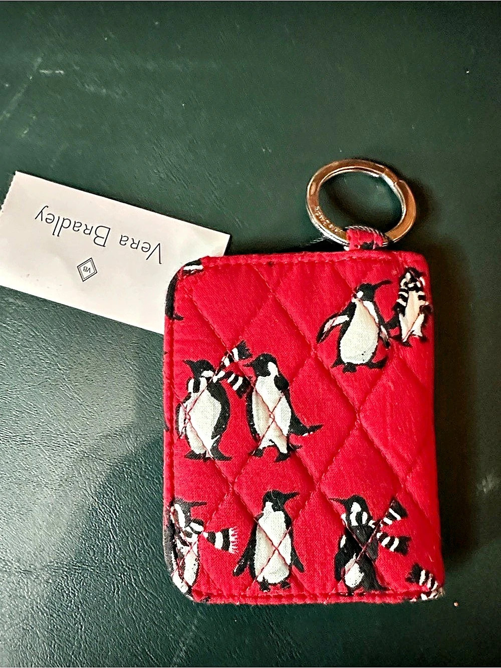 Vera Bradley Campus Double ID Key Ring Wallet Red & Black with Penguins